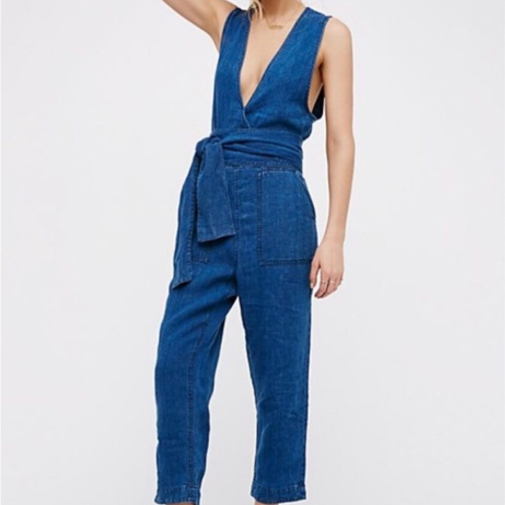 Free People Morning Star Denim Linen Jumpsuit